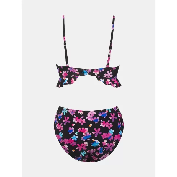 imageCUPSHE Womens Bikini Sets V Neck Ruffle Adjustable Straps Mid Rise Back Hook Triangle TopsBlackMagenta Floral