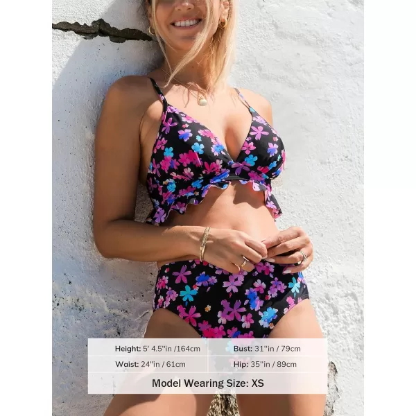 imageCUPSHE Womens Bikini Sets V Neck Ruffle Adjustable Straps Mid Rise Back Hook Triangle TopsBlackMagenta Floral