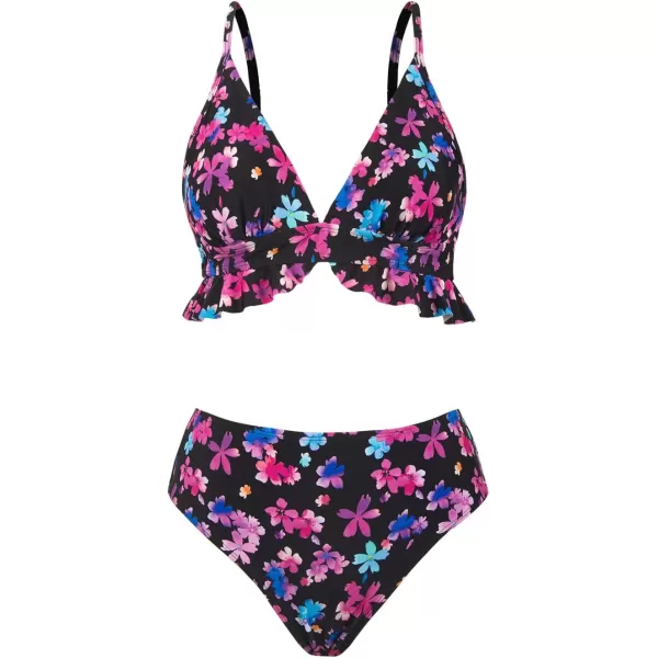 imageCUPSHE Womens Bikini Sets V Neck Ruffle Adjustable Straps Mid Rise Back Hook Triangle TopsBlackMagenta Floral