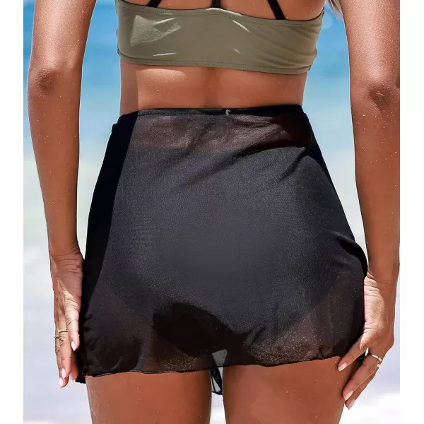 imageCUPSHE Womens Bikini Swim Skirt Bathing Suit Bottom High Waisted Swimwear Mesh Cutout Drawstring CheekyBlack