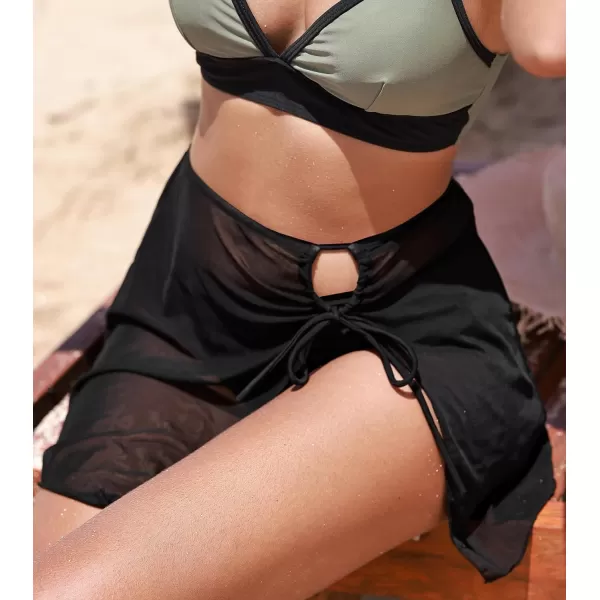imageCUPSHE Womens Bikini Swim Skirt Bathing Suit Bottom High Waisted Swimwear Mesh Cutout Drawstring CheekyBlack