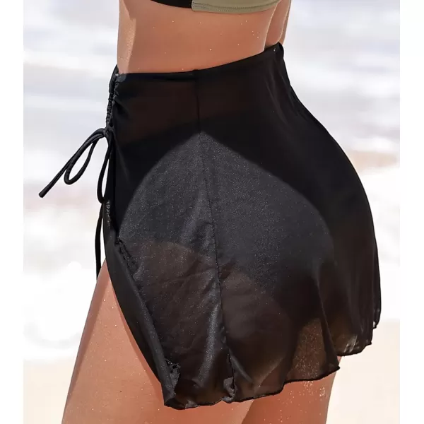 imageCUPSHE Womens Bikini Swim Skirt Bathing Suit Bottom High Waisted Swimwear Mesh Cutout Drawstring CheekyBlack