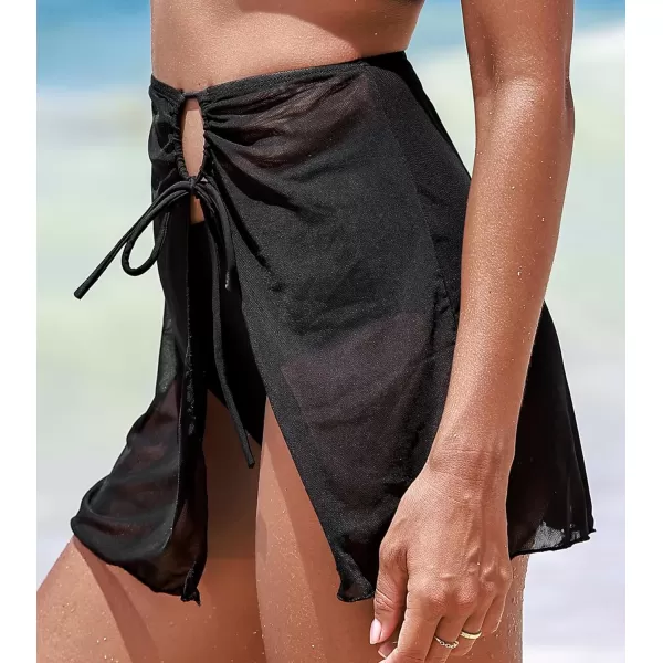 imageCUPSHE Womens Bikini Swim Skirt Bathing Suit Bottom High Waisted Swimwear Mesh Cutout Drawstring CheekyBlack