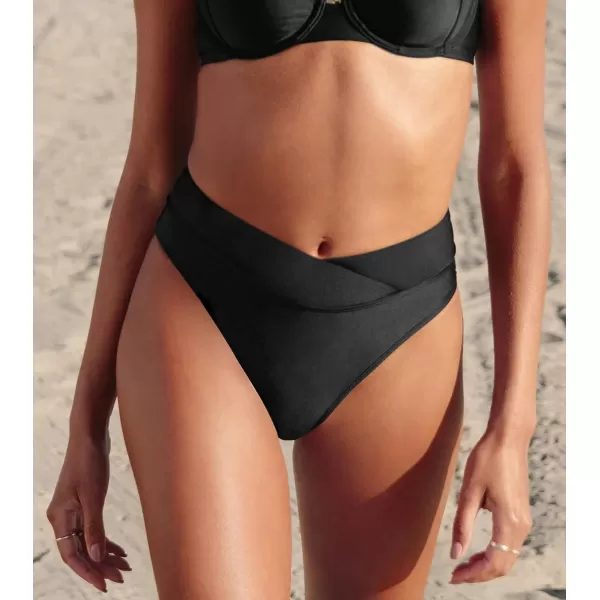 imageCUPSHE Womens Bikini Swimsuit Black High Waisted High Cut Cheeky V Cut Bikini BottomBlack
