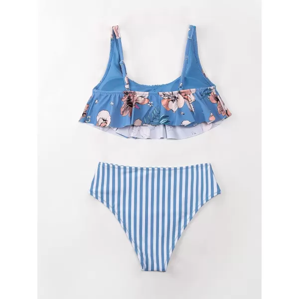 imageCUPSHE Womens Bikini Swimsuit Floral Stripe Ruffle Mid Waisted Two Piece Bathing SuitBlue