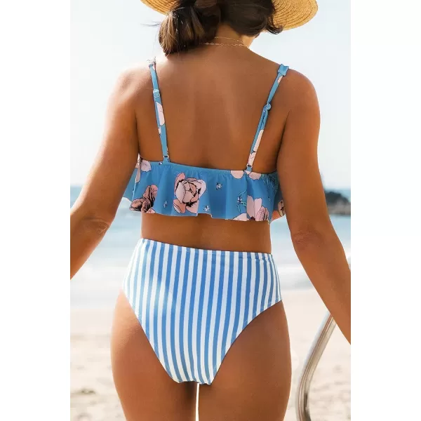 imageCUPSHE Womens Bikini Swimsuit Floral Stripe Ruffle Mid Waisted Two Piece Bathing SuitBlue