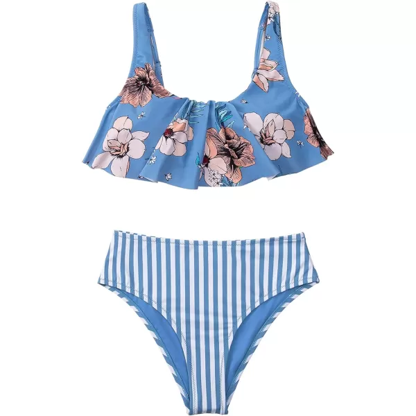 imageCUPSHE Womens Bikini Swimsuit Floral Stripe Ruffle Mid Waisted Two Piece Bathing SuitBlue
