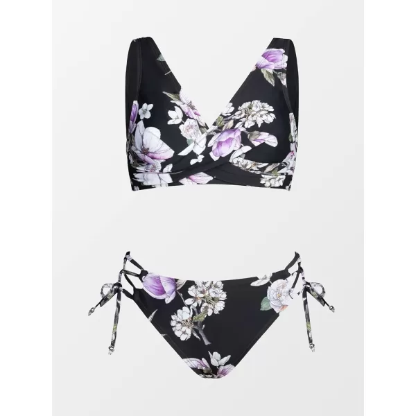 imageCUPSHE Womens Bikini Swimsuit Front Cross Lace Up Two Piece Bathing SuitBlack  Floral