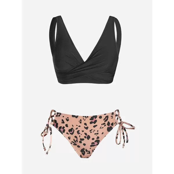 imageCUPSHE Womens Bikini Swimsuit Front Cross Lace Up Two Piece Bathing SuitBlack  Leopard