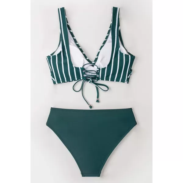 imageCUPSHE Womens Bikini Swimsuit Front Cross Lace Up Two Piece Bathing SuitGreen Stripe