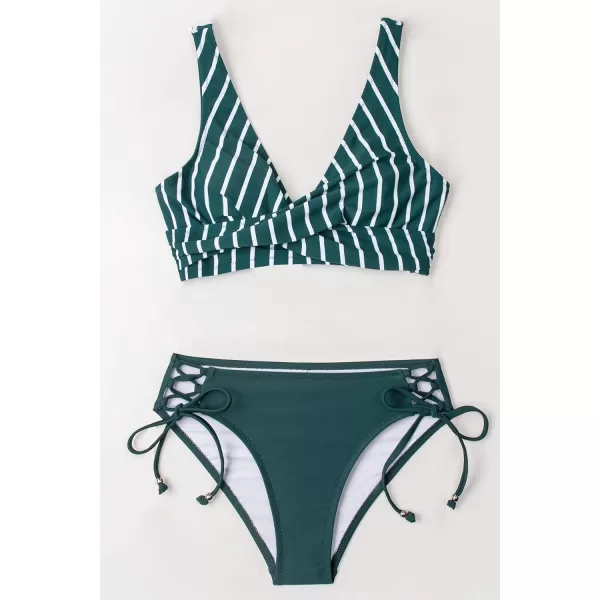 imageCUPSHE Womens Bikini Swimsuit Front Cross Lace Up Two Piece Bathing SuitGreen Stripe