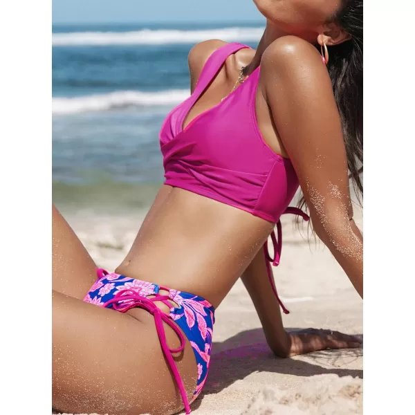imageCUPSHE Womens Bikini Swimsuit Front Cross Lace Up Two Piece Bathing SuitMagnetaBlue Floral