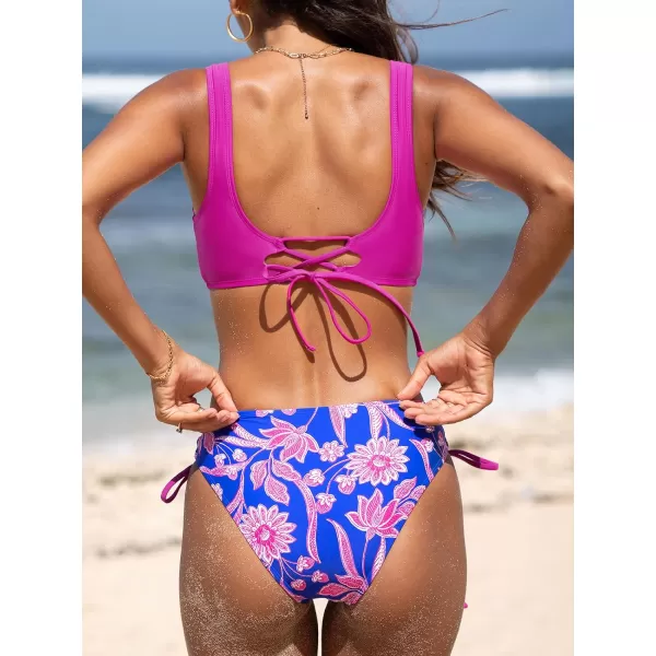 imageCUPSHE Womens Bikini Swimsuit Front Cross Lace Up Two Piece Bathing SuitMagnetaBlue Floral