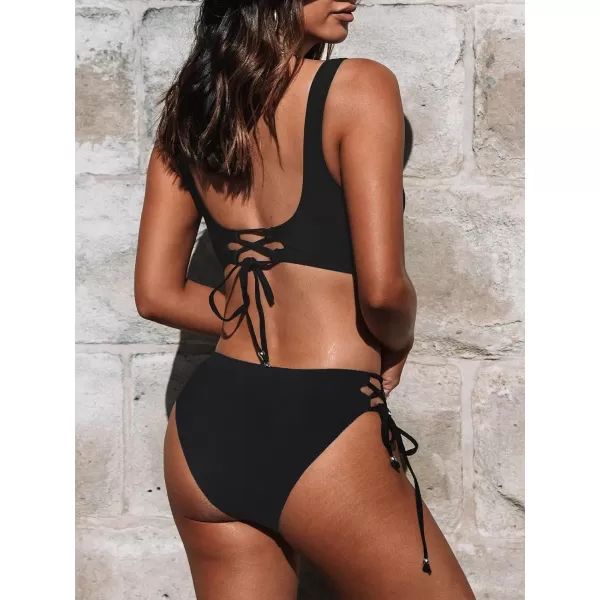 imageCUPSHE Womens Bikini Swimsuit Front Cross Lace Up Two Piece Bathing SuitPure Black