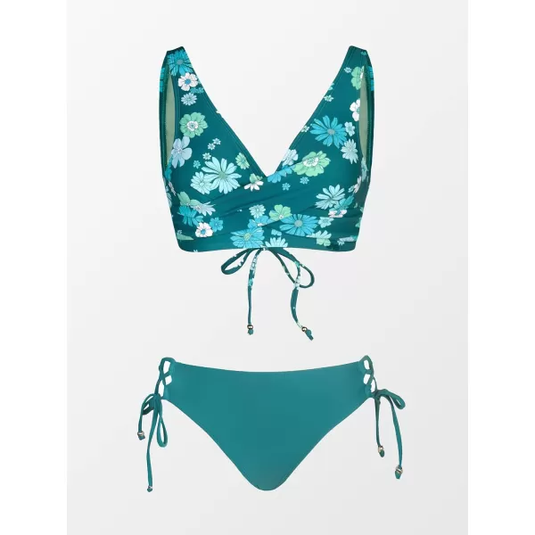 imageCUPSHE Womens Bikini Swimsuit Front Cross Lace Up Two Piece Bathing SuitTeal Floral