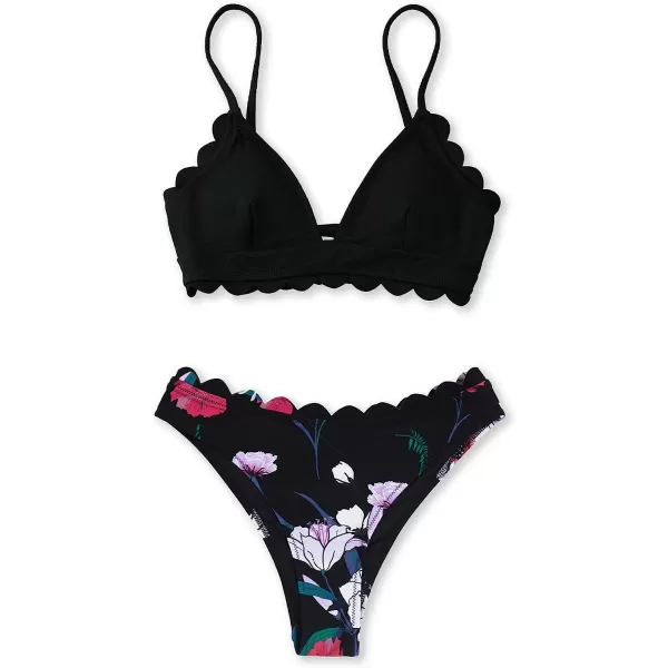 imageCUPSHE Womens Bikini Swimsuit Scalloped V Neck Lace Up Low Waisted Bathing SuitBlack