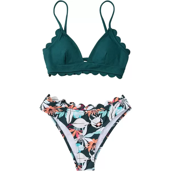 imageCUPSHE Womens Bikini Swimsuit Scalloped V Neck Lace Up Low Waisted Bathing SuitGreen