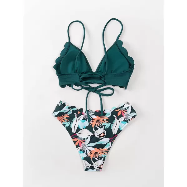 imageCUPSHE Womens Bikini Swimsuit Scalloped V Neck Lace Up Low Waisted Bathing SuitGreen