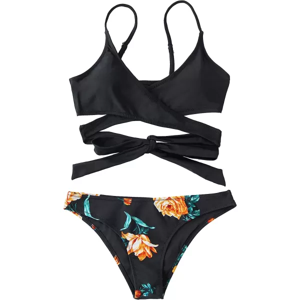 imageCUPSHE Womens Bikini Swimsuit Tie Low Rise Two Piece Bathing SuitBlack Floral