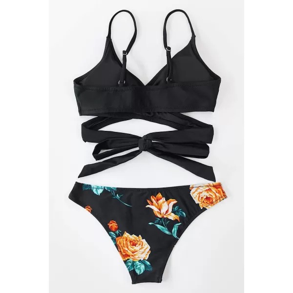 imageCUPSHE Womens Bikini Swimsuit Tie Low Rise Two Piece Bathing SuitBlack Floral