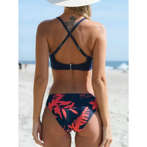 imageCUPSHE Womens Bikini Swimsuit Two Piece Bathing Suit High Waist Knot Wide StrapsDark Blue Orange Floral