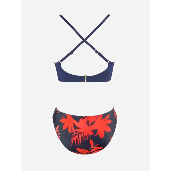 imageCUPSHE Womens Bikini Swimsuit Two Piece Bathing Suit High Waist Knot Wide StrapsDark Blue Orange Floral