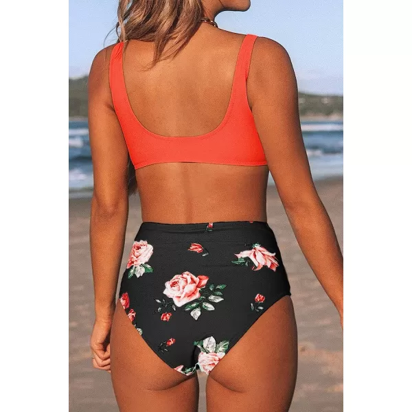 imageCUPSHE Womens Bikini Swimsuit Two Piece Bathing Suit High Waist Knot Wide StrapsOrange Black