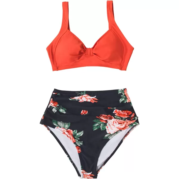 imageCUPSHE Womens Bikini Swimsuit Two Piece Bathing Suit High Waist Knot Wide StrapsOrange Black