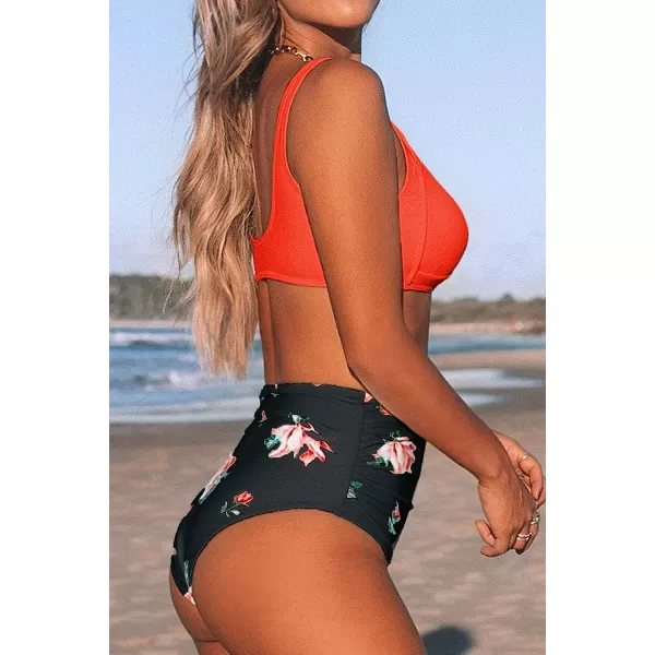 imageCUPSHE Womens Bikini Swimsuit Two Piece Bathing Suit High Waist Knot Wide StrapsOrange Black
