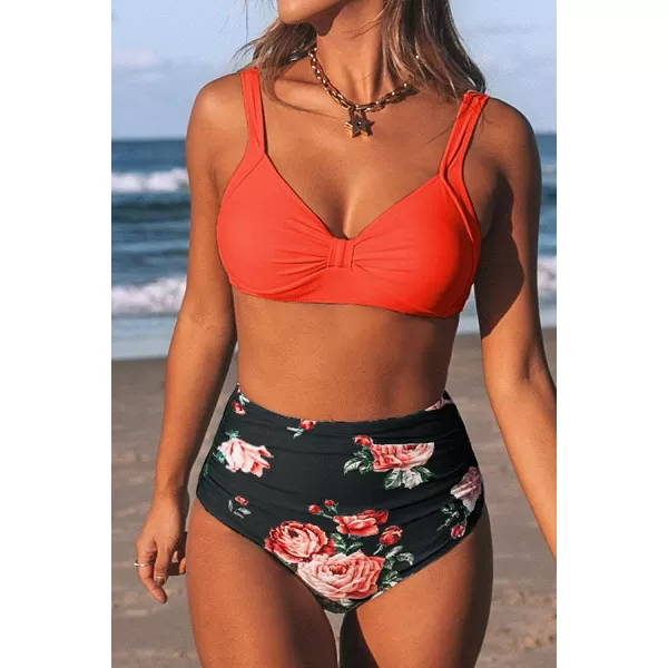 imageCUPSHE Womens Bikini Swimsuit Two Piece Bathing Suit High Waist Knot Wide StrapsOrange Black