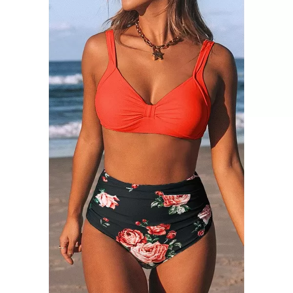 imageCUPSHE Womens Bikini Swimsuit Two Piece Bathing Suit High Waist Knot Wide StrapsOrange Black