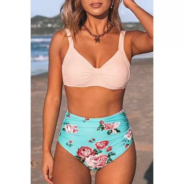 imageCUPSHE Womens Bikini Swimsuit Two Piece Bathing Suit High Waist Knot Wide StrapsPink Blue