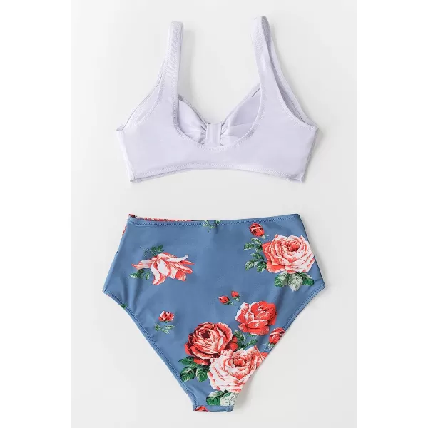 imageCUPSHE Womens Bikini Swimsuit Two Piece Bathing Suit High Waist Knot Wide StrapsWhite Blue