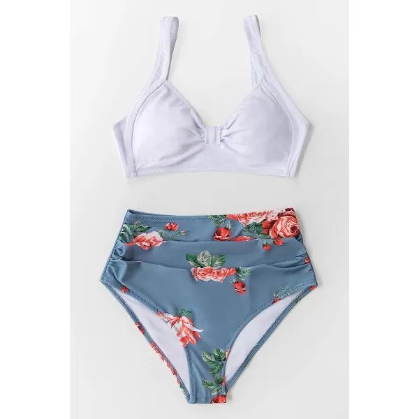 imageCUPSHE Womens Bikini Swimsuit Two Piece Bathing Suit High Waist Knot Wide StrapsWhite Blue