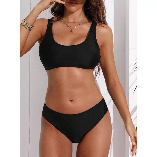 imageCUPSHE Womens Bikini Swimsuits 2 Piece Bathing Suits Bikini Set Tank Mid Waisted Back HookBlack