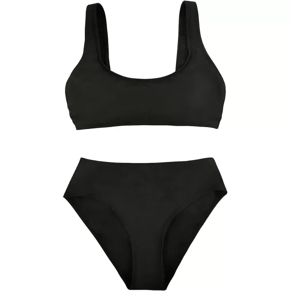imageCUPSHE Womens Bikini Swimsuits 2 Piece Bathing Suits Bikini Set Tank Mid Waisted Back HookBlack