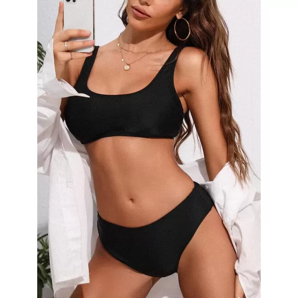 imageCUPSHE Womens Bikini Swimsuits 2 Piece Bathing Suits Bikini Set Tank Mid Waisted Back HookBlack