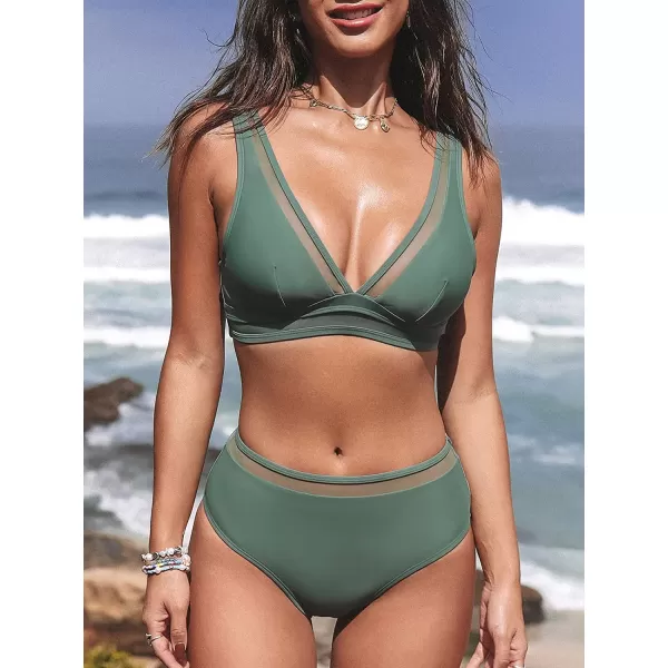 imageCUPSHE Womens Bikini Swimsuits Bathing Suits 2 Piece Bikini Set Deep V Neck Mid Waisted BacklessGreen