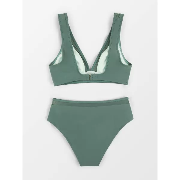 imageCUPSHE Womens Bikini Swimsuits Bathing Suits 2 Piece Bikini Set Deep V Neck Mid Waisted BacklessGreen