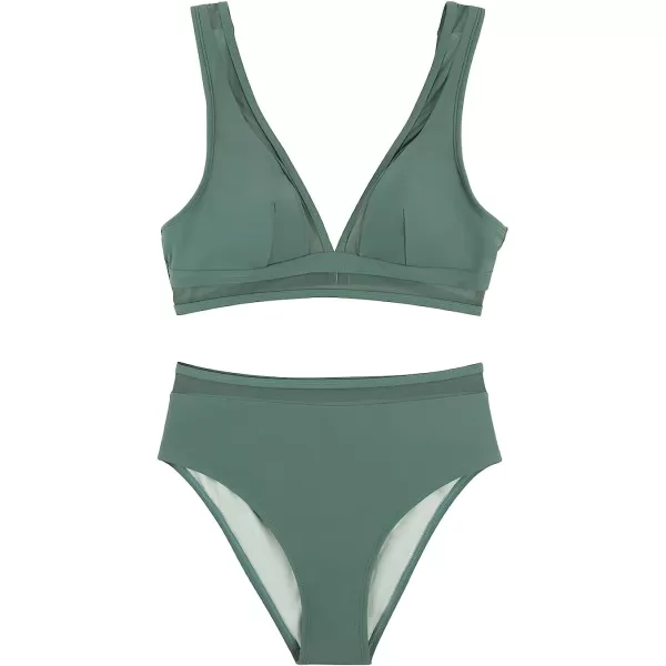 imageCUPSHE Womens Bikini Swimsuits Bathing Suits 2 Piece Bikini Set Deep V Neck Mid Waisted BacklessGreen