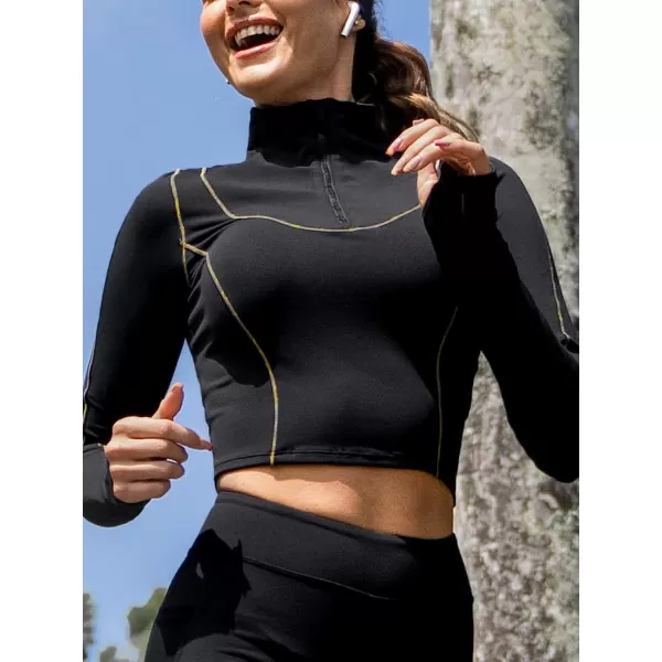 imageCUPSHE Womens Black Crop Tops Long Sleeve High Neck Quarter Zip Casual Pullover SweatshirtBlack