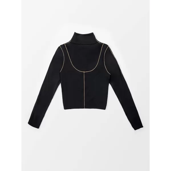 imageCUPSHE Womens Black Crop Tops Long Sleeve High Neck Quarter Zip Casual Pullover SweatshirtBlack