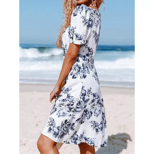 imageCUPSHE Womens Black and White Rose A Shaped Above Knee Dress with Short Bubble SleeveWhite