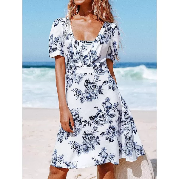 imageCUPSHE Womens Black and White Rose A Shaped Above Knee Dress with Short Bubble SleeveWhite