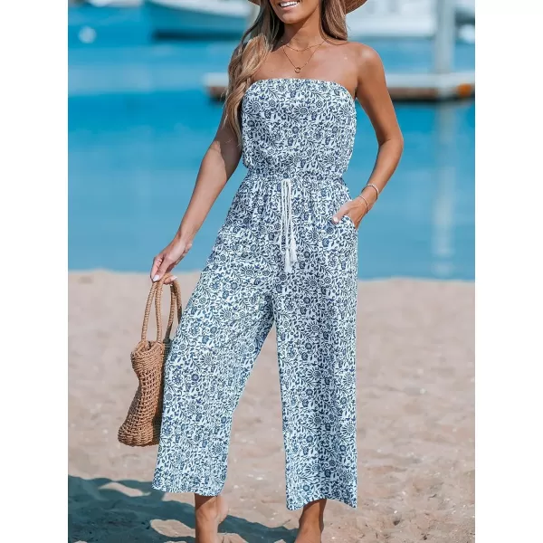 imageCUPSHE Womens Blue Floral Swirl Tube Top Wide Leg Jumpsuit Off Shoulder Vacation JumpsuitsBlue