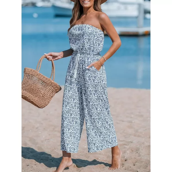 imageCUPSHE Womens Blue Floral Swirl Tube Top Wide Leg Jumpsuit Off Shoulder Vacation JumpsuitsBlue