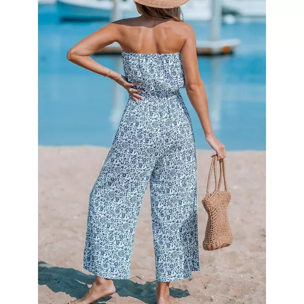imageCUPSHE Womens Blue Floral Swirl Tube Top Wide Leg Jumpsuit Off Shoulder Vacation JumpsuitsBlue