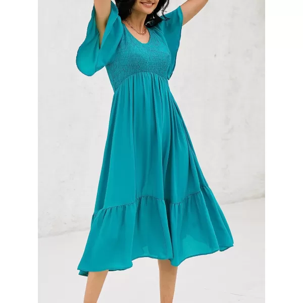 imageCUPSHE Womens Blue Smocked Ruffled Dress VNeck Midi DressOcean Blue