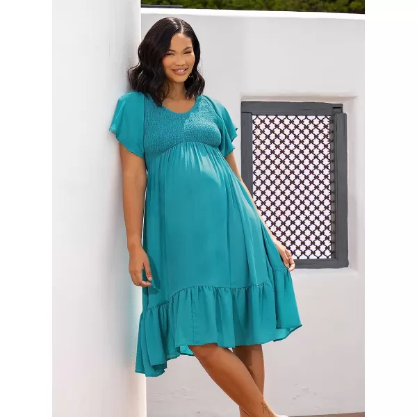 imageCUPSHE Womens Blue Smocked Ruffled Dress VNeck Midi DressOcean Blue
