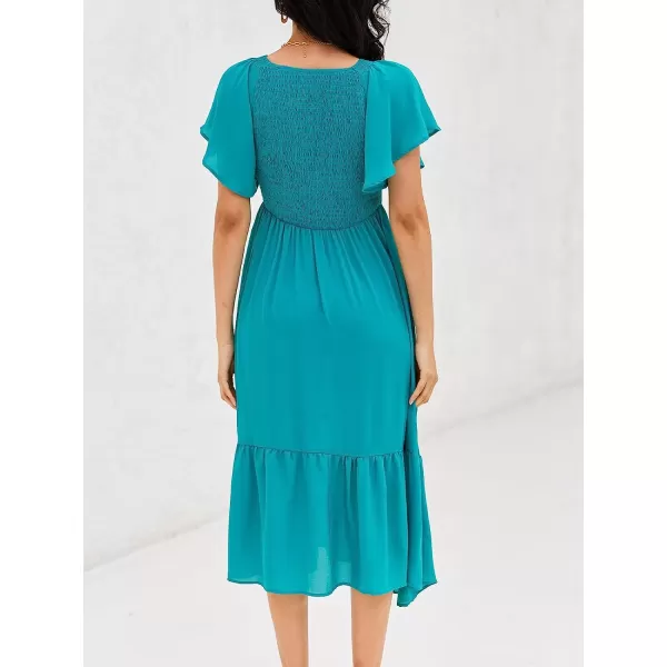 imageCUPSHE Womens Blue Smocked Ruffled Dress VNeck Midi DressOcean Blue